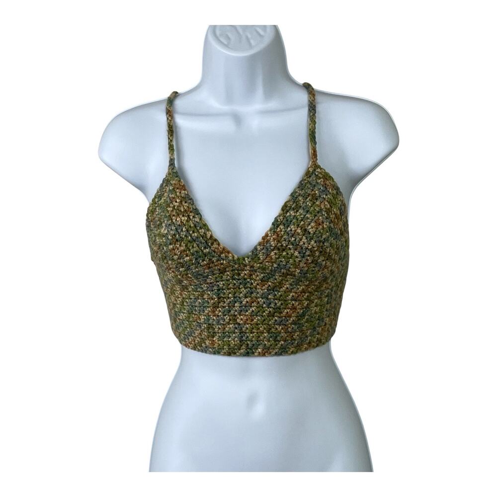 Handmade Crochet Crop Tank Top Open Tie Back V-Neck Multicolor Festival XS/S
